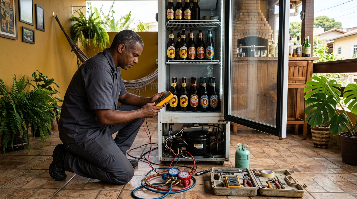 Placa eletrônica de cervejeira em reparo na bancada em Limeira‑SP