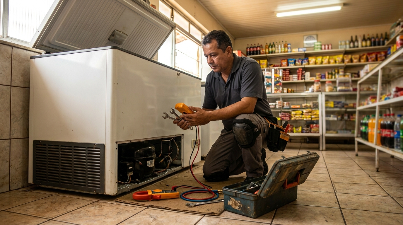 Técnico reparando o motor de um freezer horizontal em Limeira‑SP