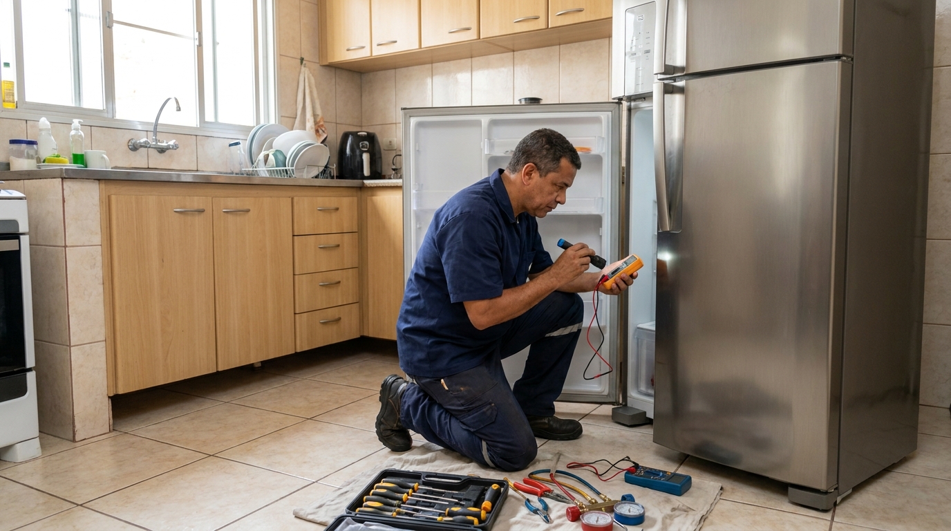 Técnico fazendo recarga de gás em geladeira de cliente em Limeira‑SP