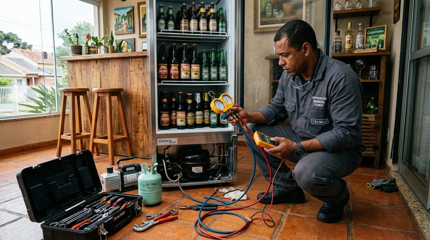 Técnico conferindo a temperatura de uma cervejeira durante atendimento em Limeira‑SP