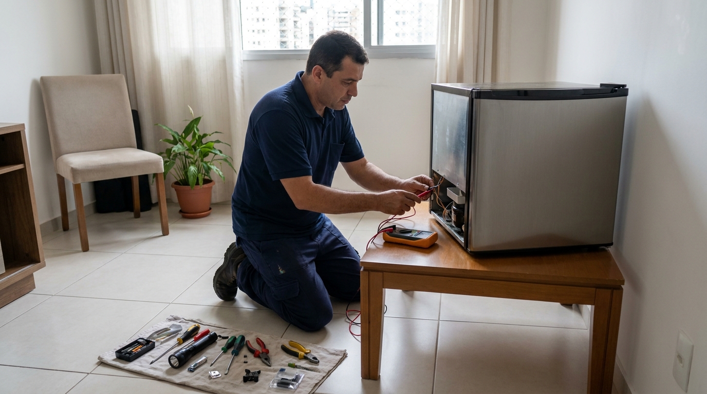 Técnico avaliando um frigobar compacto durante atendimento em Limeira‑SP